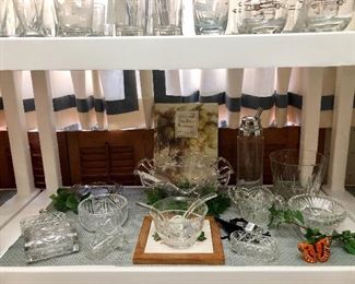 Pressed glass serving pieces and cocktail shaker