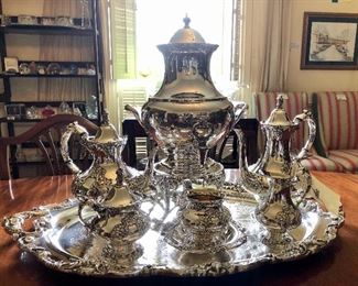 Read & Barton silver plated tea set. King Francis pattern. 8 pieces. Near new condition, includes waiters tray, kettle, tea pot, coffee pot, sugar with lid, creamer, waste bowl, and under plate.