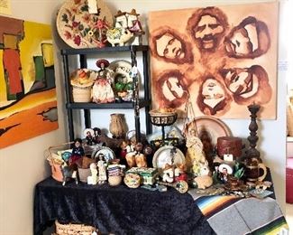 Vintage Mexico collectibles including vintage Saltillo 1950s wall serape blanket, original culture art work 60s – 70s. Fabulous! 