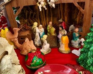 Vintage chalk wear 18 piece nativity with cardboard stable. Baby Jesus is at check out.