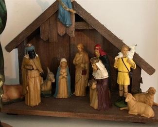 Vintage 12 piece plastic nativity with Richard Mohr (Germany) wooden staple. Baby Jesus is at check out.