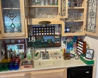 Packed bar area, tons of glass sets / barware 