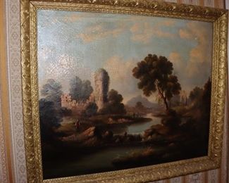 Continental School, 18th Century "Fisherman by a River with Castle Ruins"- oil on canvas