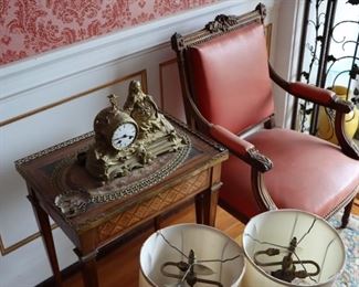 Louis XVI Style Carved Beechwood Fauteuil a la Reine and 19th c. Brass Mantle Clock