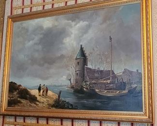 Edward Hald- (Swedish-20th c.) Canal Scene with Fisherman- oil on canvas