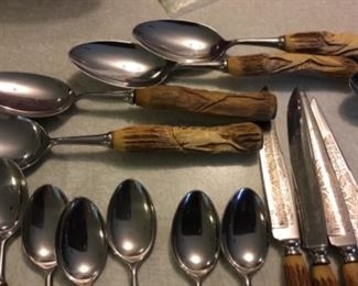 Complete set of deer horn handled and etched stainless steel silverware - very unique carvings in handles and on knives - by Rothfrei of Germany 