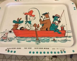 Hanna Barbers TV tray - Vintage fishing picture with Huckleberry Hound, Yogi Bear, Quick Draw McGraw  - in excellent condition for age 