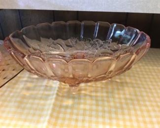 Pink etched depression glass footed bowl