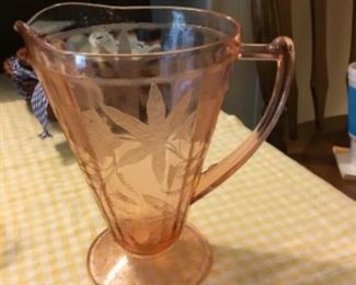 Pink depression pitcher - Floral Poinsettia etched glass 