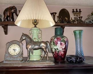 Metal horse clock, vintage lamps, porcelain hand painted vase, many antiques & collectibles