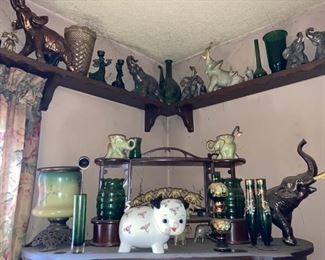 Vintage elephant collectibles (glass, metal, jadeite, porcelain, brass, wood), misc. antiques & collectibles