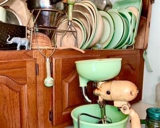 Antique & vintage kitchen collectibles, Jadeite kitchen collectibles, enamel bowls, vintage mixer w jadeite bowls