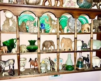 Wooden wall shelf, Vintage elephant & horse figurines, depression glass, etc.