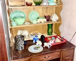wooden desk, Jadeite kitchen collectibles, misc. glass, porcelain collectibles