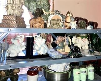 Vast vintage elephant figure collectibles, Jadeite shakers, etc.