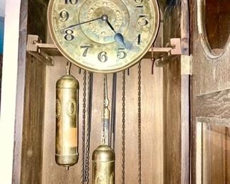 Antique grandfather clock, brass clock face & weights