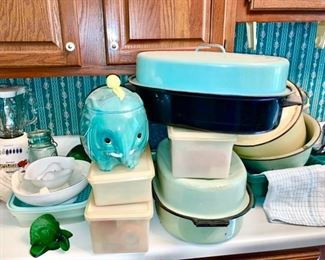 Vintage kitchen collectibles, enamelware, ceramic elephant biscuit jar, etc.