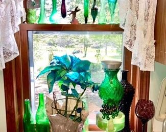 Green glass vases/bottles, misc. glassware