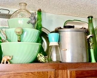 Vintage kitchen collectibles, Jadeite swirl mixing bowls, depression glass, enamel collectibles, elephant collectibles