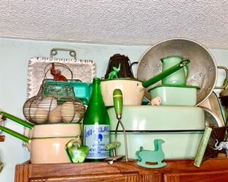 Enamel collectibles, egg basket, advertising bottles, Jadeite kitchen collectibles, etc.