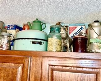Vintage kitchen collectibles, enamelware, vintage glass jars, tins, etc.