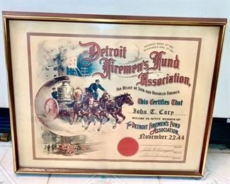  Vintage 1944 Detroit Firemen's Fund Association  framed certificate
