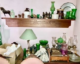 Antique & vintage glassware, kerosene lamps, stoneware, etc.