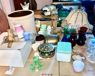 Misc. glass collectibles, jadeite elephant miniature figures, crock, etc.