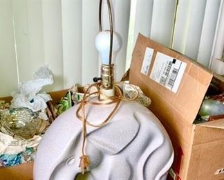 Vintage elephant lamp, many boxes of glass, collectibles yet to be unpacked