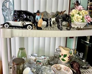 Misc. glass, porcelain, Watt stoneware creamer, tin collectibles, vintage car figure