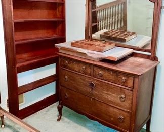 Antique dresser w/ mirror, vintage bookcase