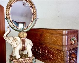 Modern elephant mirror, antique wooden sewing machine boxes
