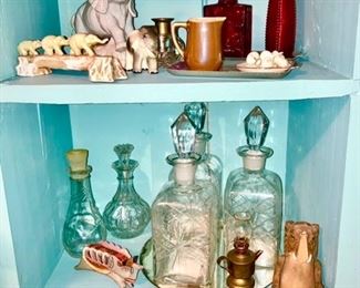 Glass, stoneware, elephant collectibles