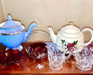 Hall teapot, Rosepoint creamer & sugar