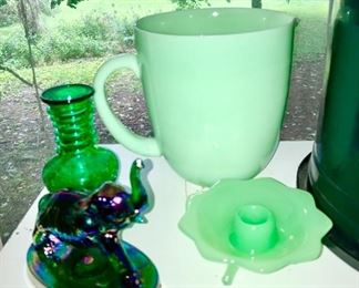 Iridescent glass elephant, green crackle vase, Jadeite handled pitcher, Jadeite candle stick