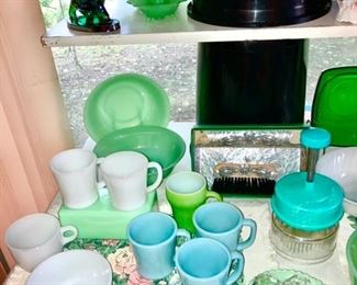 Fire King mugs, bowls, Jadeite, Delphite blue, etc, open salts, vintage chopper, aluminum crumb brush & tray in box, etc.