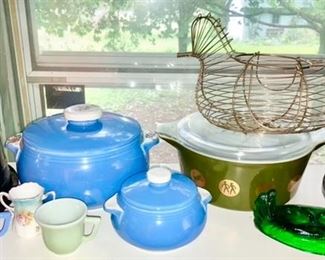 Hall casseroles, Pyrex covered casserole, green chicken egg holder, 2 cups from Little Hostess set, wire chicken egg holder