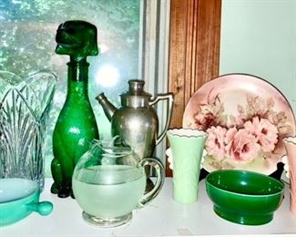 Misc. glass & porcelain collectibles, green dog decanter, pewter pitcher