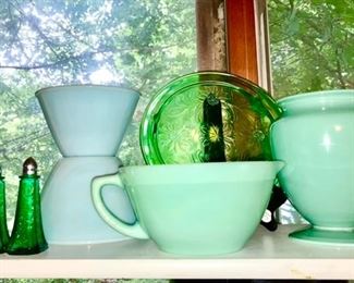 Depression glass, Jadeite batter bowl, Delphite blue bowls, vase