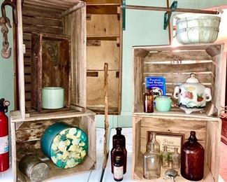 Vintage wooden crates, antique/vintage bottles, tins, wooden basket, etc.