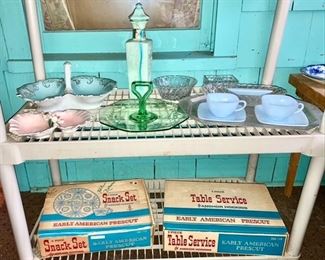 Misc. porcelain & glass items, American Prescut snack set and table service in original boxes