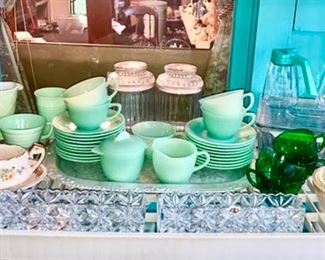 Misc. jadeite cups/saucers, creamer & sugar, vintage kitchen collectiles