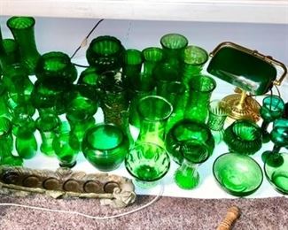 Many green vases, bowls, etc.  Excellent for weddings, holiday decor ideas or yard art!