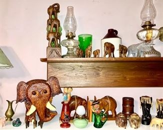 Misc. elephant collectibles, miniatures, kerosene lamps, etc.