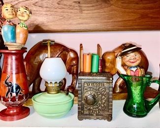 vintage bottle tops, green metal miniature kerosene lamp, cast iron 'Union Bank" elephant bookends, etc.