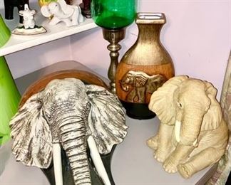 Elephant collectibles, brass candle stick w/ green glass globe