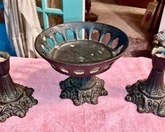 Cast iron candle sticks & bowl