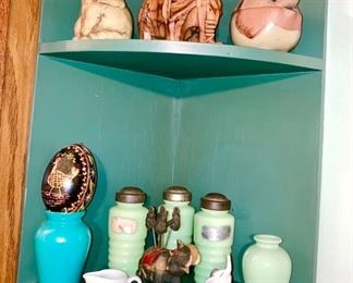 Elephant collectibles, Jadeite spice shakers, small vases, etc.