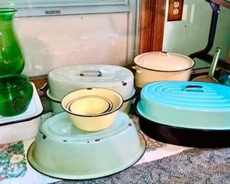 A sample of enamelware available for sale in several colors