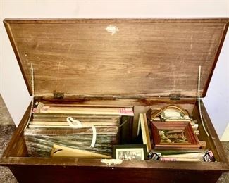 Large antique wooden trunk, filled w/ picture frames, etc